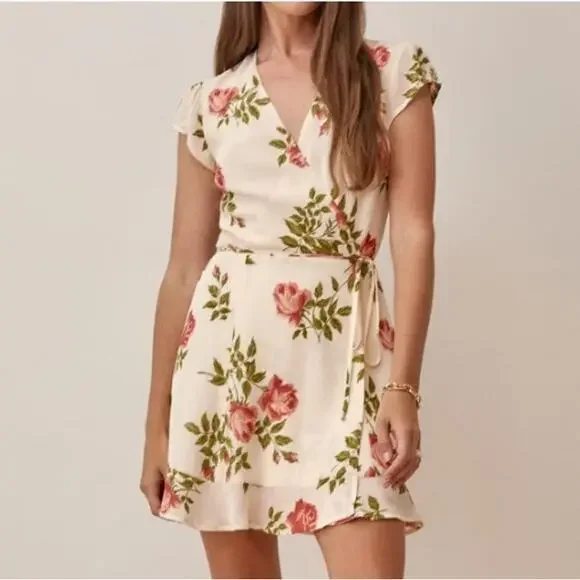 NWT Reformation Radley Wrap Dress Floral Print Cream Mini Ruffle Hem Womens Sz S - Picture 2 of 6